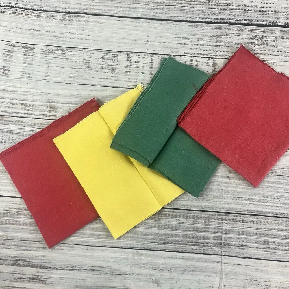 Vintage 4pc Linen Square Napkins Handkerchief Set Red Green Yellow Lace 14.5